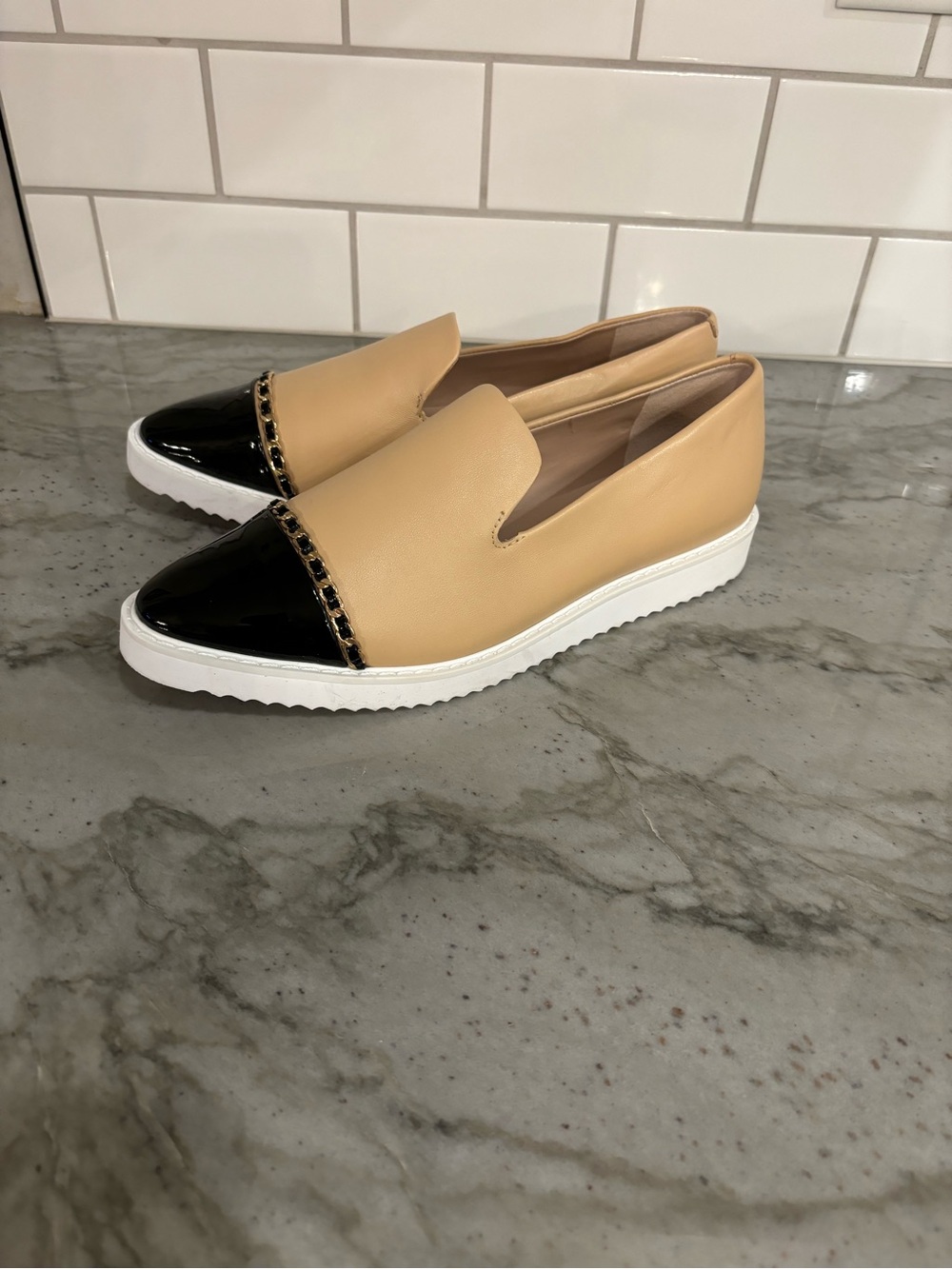 Karl Lagerfeld Beige and Black Slip-On Loafers Paris Caralee